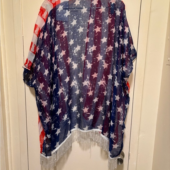 Kimono Red White and Blue American Flag Scarf with 3" White Hemline Fringe - Picture 7 of 8